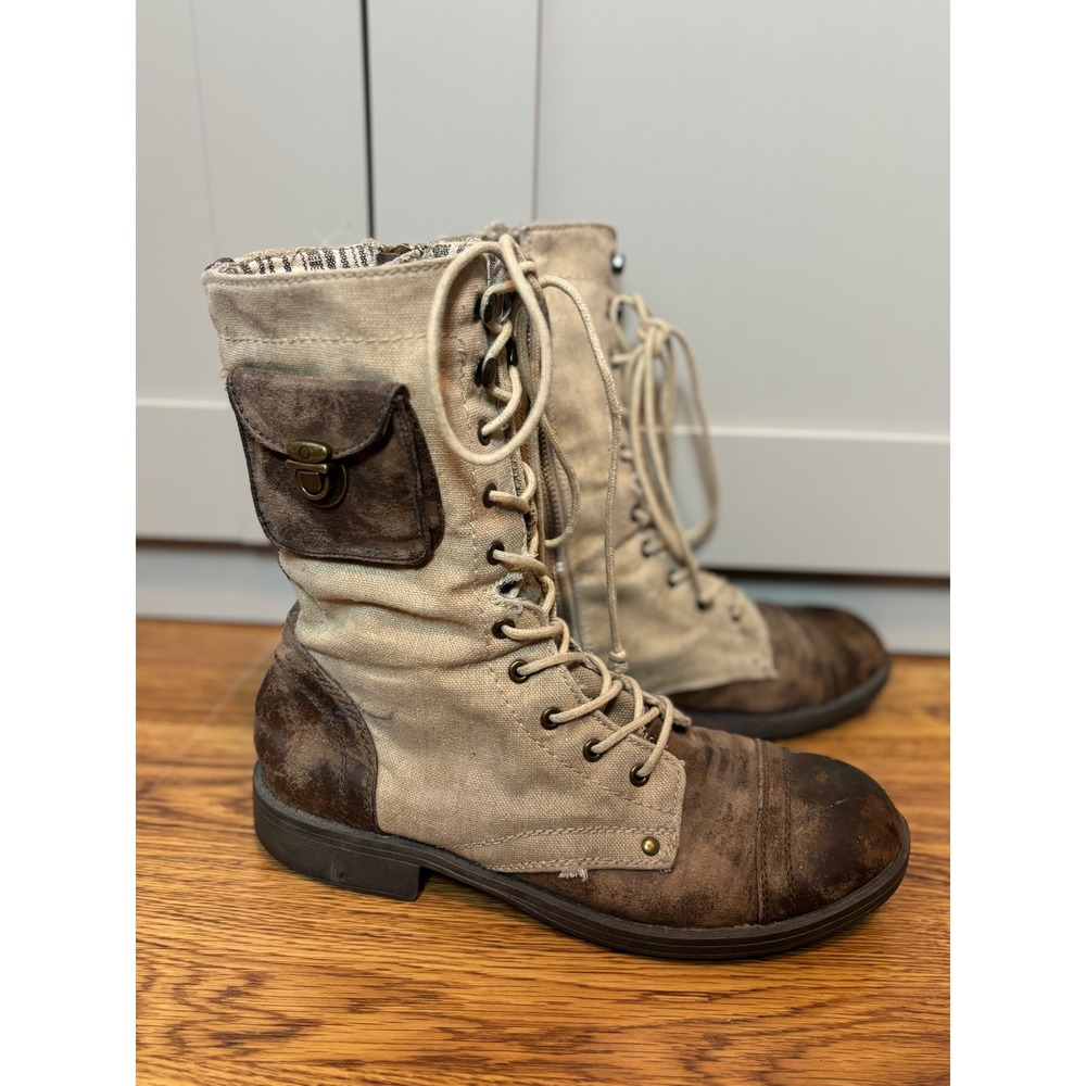 Roxy Canvas Combat Boots Brown Distressed Laced Side Zip Pocket Mid Calf Sz 9.5